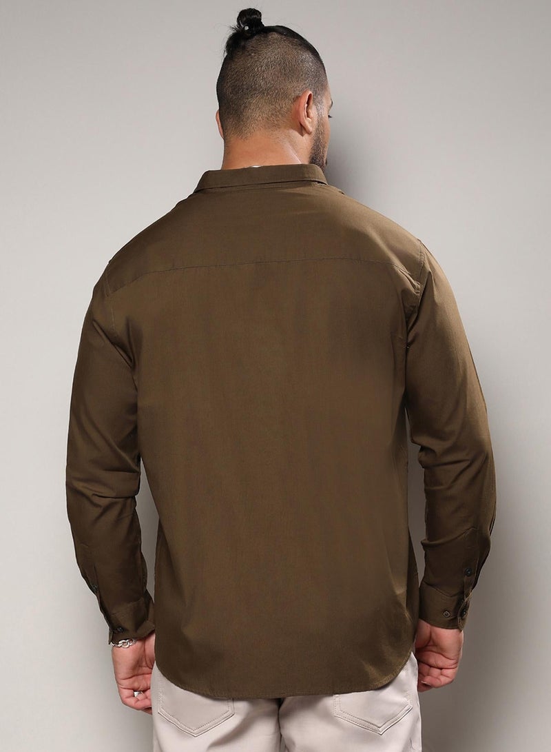 Instafab Plus Men's Olive Green Basic Button-Up Shirt For Casual Wear | Spread Collar | Long Sleeve | Button Closure | Shirt Crafted With Comfort Fit For Everyday Wear - Image 5