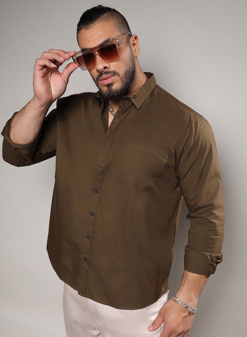 Instafab Plus Men's Olive Green Basic Button-Up Shirt For Casual Wear | Spread Collar | Long Sleeve | Button Closure | Shirt Crafted With Comfort Fit For Everyday Wear - Image 2