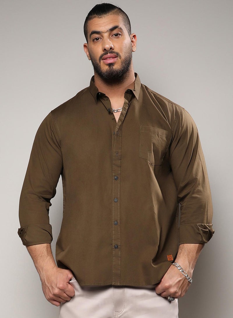 Instafab Plus Men's Olive Green Basic Button-Up Shirt For Casual Wear | Spread Collar | Long Sleeve | Button Closure | Shirt Crafted With Comfort Fit For Everyday Wear - Image 1