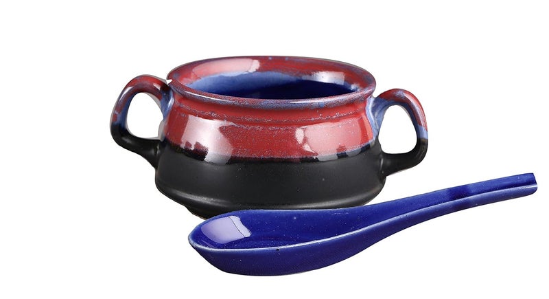 Caffeine Caffeine Ceramic Handmade Glossy Multicolor Double Handle Soup Bowl with Spoon 2 Piece - Image 2