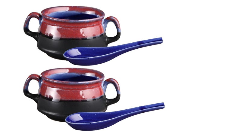 Caffeine Caffeine Ceramic Handmade Glossy Multicolor Double Handle Soup Bowl with Spoon 2 Piece - Image 1