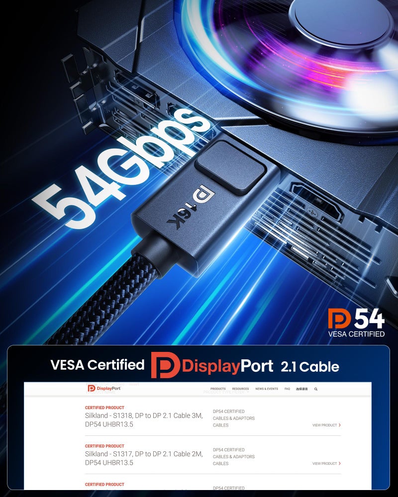 Silkland 54Gbps DisplayPort Cable 2.1 [VESA Certified], [8K@165Hz, 4K@480Hz 360Hz 240Hz] DP 2.1 Cable 16K, DP54 HDR DSC 1440P Display Port Cord Compatible G-Sync Gaming Monitor 5090 7900XTX, 6.6FT - Image 4