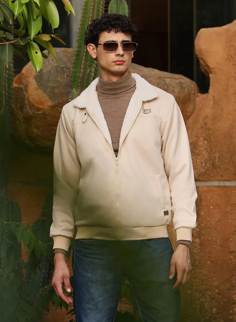 Campus Sutra Campus Sutra Men's Cream White Contrast Sherpa-Lined Suede Bomber Jacket | Point Collar , Ribbed Cuff Sleeves , Zipper  Closure , Ribbed-Straight Hem | Colourblock Textured For Casual & Daily Wear