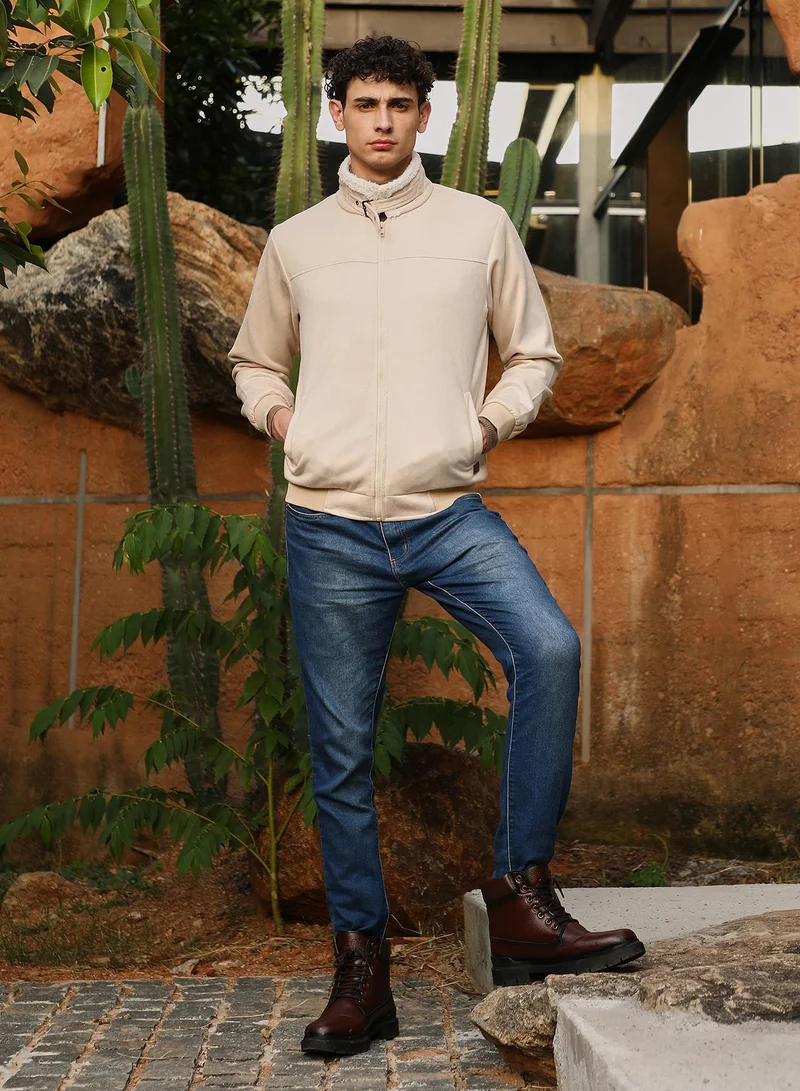 Campus Sutra Campus Sutra Men's Cream White Contrast Sherpa-Lined Suede Bomber Jacket | Point Collar , Ribbed Cuff Sleeves , Zipper  Closure , Ribbed-Straight Hem | Colourblock Textured For Casual & Daily Wear