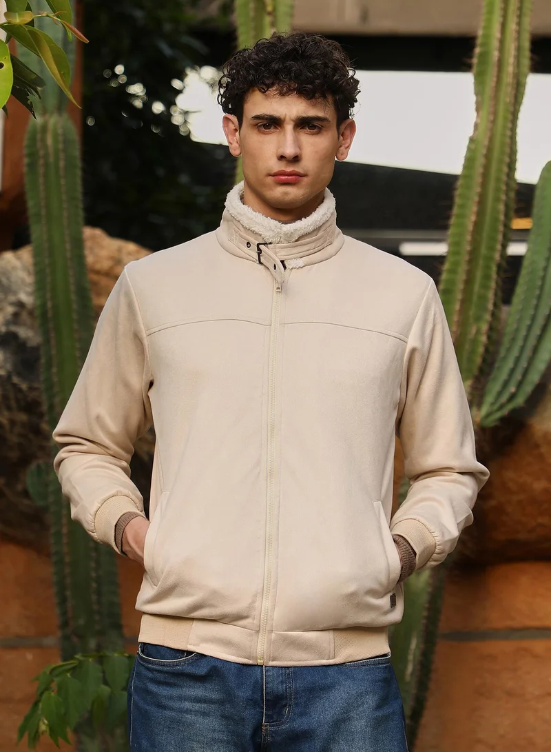 Campus Sutra Campus Sutra Men's Cream White Contrast Sherpa-Lined Suede Bomber Jacket | Point Collar , Ribbed Cuff Sleeves , Zipper  Closure , Ribbed-Straight Hem | Colourblock Textured For Casual & Daily Wear