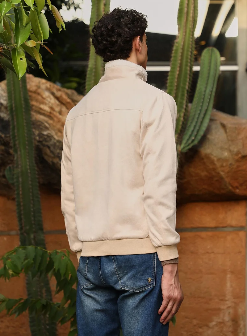 Campus Sutra Campus Sutra Men's Cream White Contrast Sherpa-Lined Suede Bomber Jacket | Point Collar , Ribbed Cuff Sleeves , Zipper  Closure , Ribbed-Straight Hem | Colourblock Textured For Casual & Daily Wear