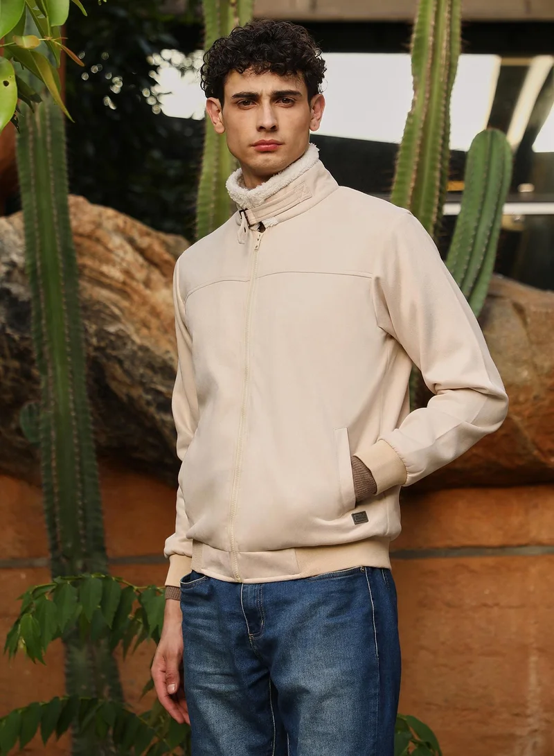 Campus Sutra Campus Sutra Men's Cream White Contrast Sherpa-Lined Suede Bomber Jacket | Point Collar , Ribbed Cuff Sleeves , Zipper  Closure , Ribbed-Straight Hem | Colourblock Textured For Casual & Daily Wear
