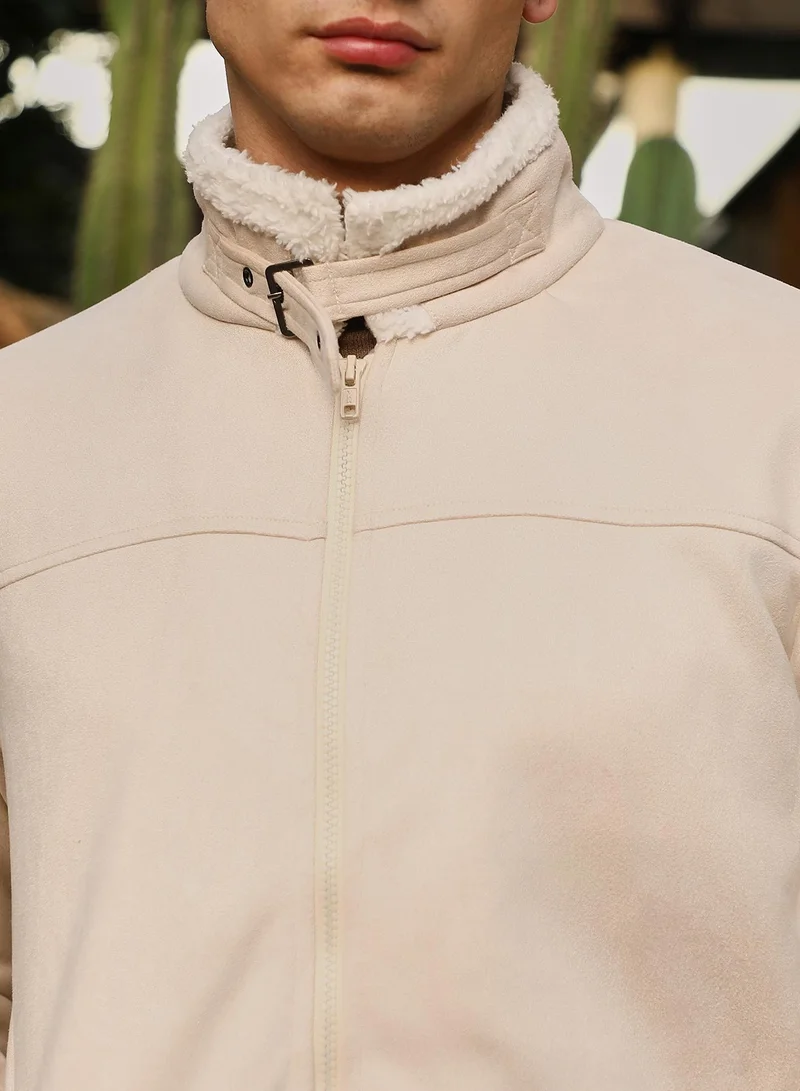 Campus Sutra Campus Sutra Men's Cream White Contrast Sherpa-Lined Suede Bomber Jacket | Point Collar , Ribbed Cuff Sleeves , Zipper  Closure , Ribbed-Straight Hem | Colourblock Textured For Casual & Daily Wear