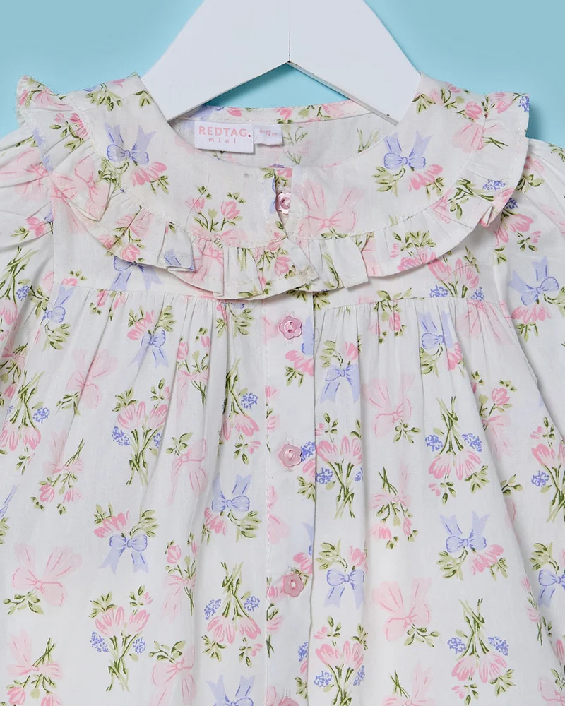 REDTAG Infant Girls Cream All Over Print Poplin Blouse