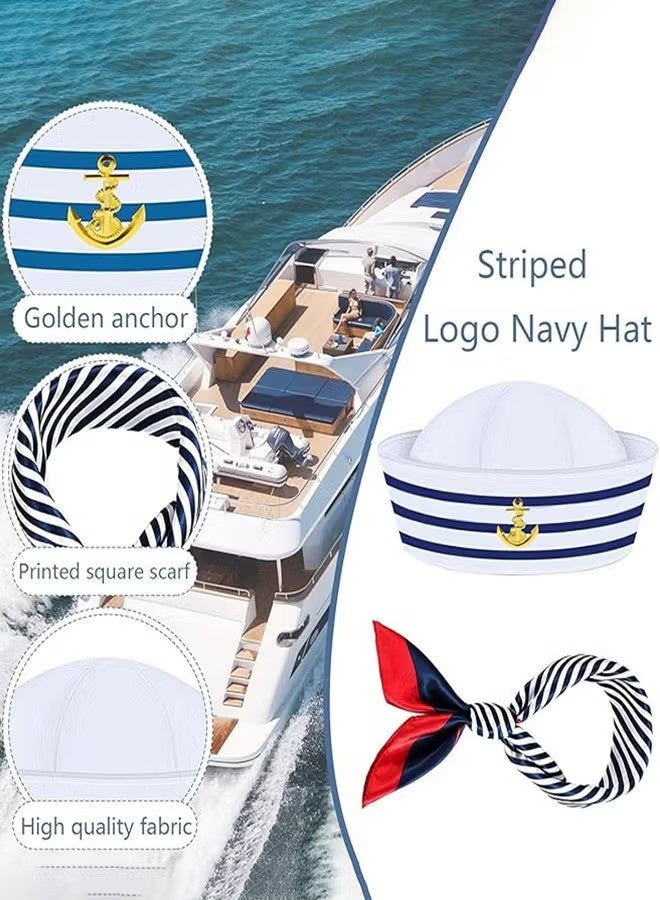 إيليلي طقم قبعة بحار ووشاح من قطعتين، قبعة قبطان يخت، قبعة بحار ووشاح مخطط، إكسسوارات زي قبطان بحار للرجال والنساء، مقاس واحد - Image 3