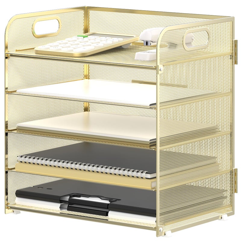 Supeasy 5 Trays Paper Organizer Letter Tray with HandleMesh Desk File Organizer Paper Sorter Desk Organizer for Office Home or School Golden - Image 2