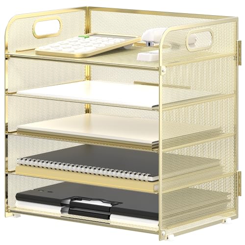 Supeasy 5 Trays Paper Organizer Letter Tray with HandleMesh Desk File Organizer Paper Sorter Desk Organizer for Office Home or School Golden - Image 1