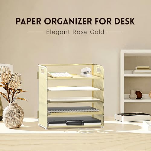 Supeasy 5 Trays Paper Organizer Letter Tray with HandleMesh Desk File Organizer Paper Sorter Desk Organizer for Office Home or School Golden - Image 3
