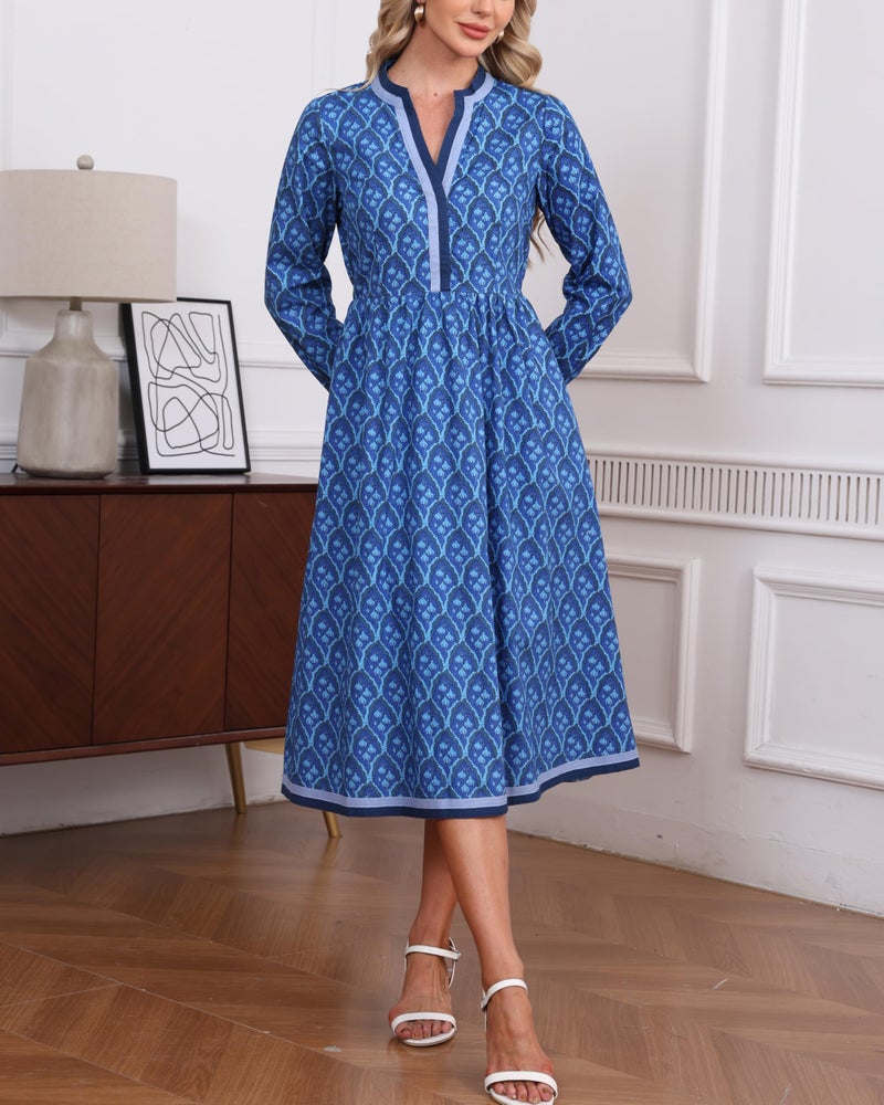 YEXPINE Women's Fall Floral Midi Dress Casual Long Sleeve V Neck A Line Elastic Waist Flowy Boho Dresses Blue - Image 2