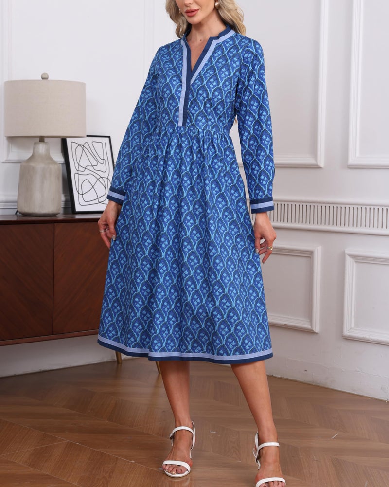 YEXPINE Women's Fall Floral Midi Dress Casual Long Sleeve V Neck A Line Elastic Waist Flowy Boho Dresses Blue - Image 5