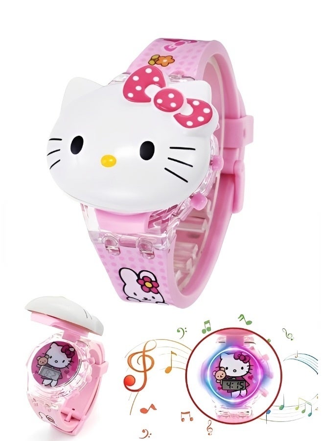 Hello Kitty Cartoon Children's Watch Children's Watch Toy with Light Effect Kids Electronic Watch with Music Flip-top Cartoon Watch for Kids - Image 1