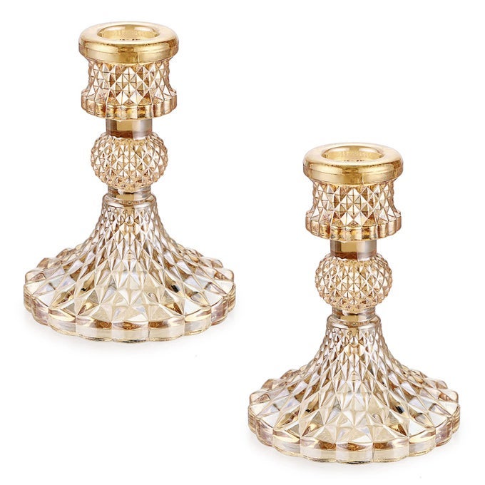 SET OF 2 GOLD GLASS TAPER CANDLE HOLDERS DECORATIVE GLASS CANDLESTICK HOLDERS FOR DINING TABLE CENTERPIECES WEDDING CHURCH