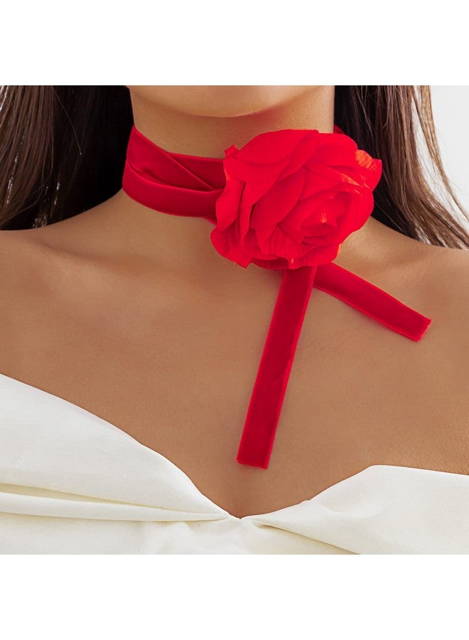 Asphire Artificial Flower Choker Necklace Long Wrap Velvet Necklace Vintage Large Flower Collar Tie Necklace Prom Party Statement Accessories For Women (Red) - Image 1