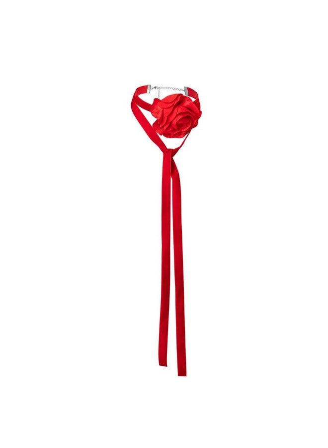 Asphire Artificial Flower Choker Necklace Long Wrap Velvet Necklace Vintage Large Flower Collar Tie Necklace Prom Party Statement Accessories For Women (Red) - Image 2