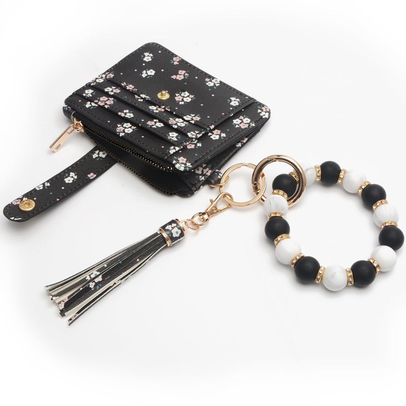 COOLANS Wristlet Bracelet Keychain Pocket Credit Card Holder Purse Tassel Keychain Bangle Key Ring for Women (Silicone & Shiny Bead+Card Purse (Black)) - Image 4