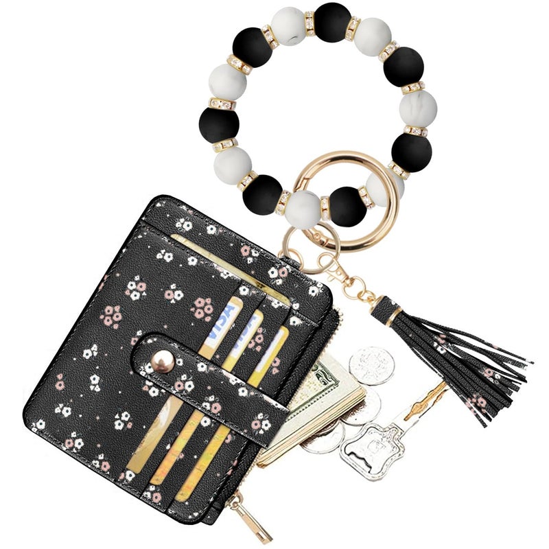 COOLANS Wristlet Bracelet Keychain Pocket Credit Card Holder Purse Tassel Keychain Bangle Key Ring for Women (Silicone & Shiny Bead+Card Purse (Black)) - Image 1