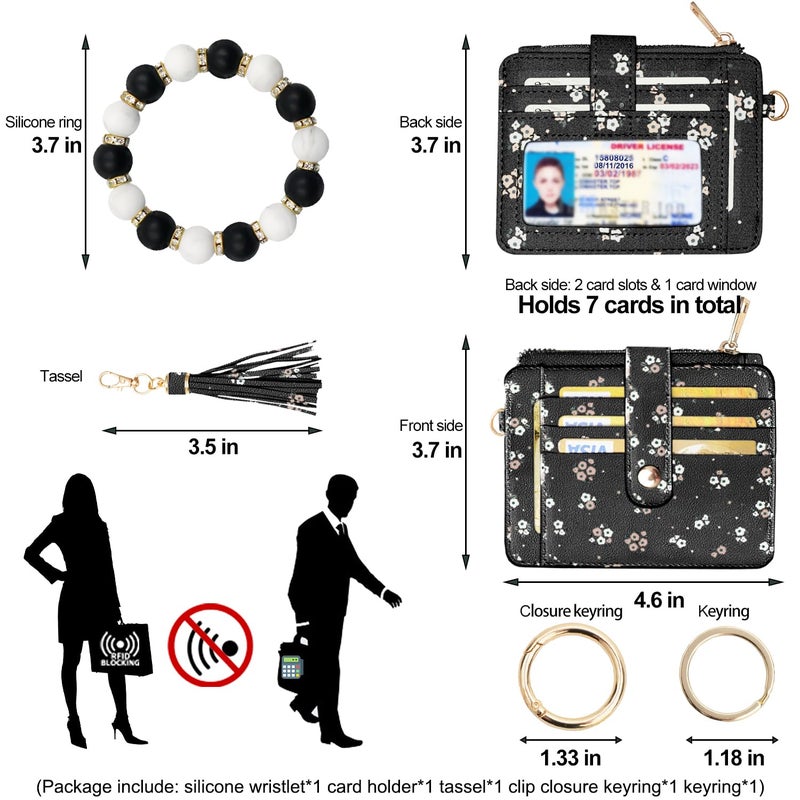 COOLANS Wristlet Bracelet Keychain Pocket Credit Card Holder Purse Tassel Keychain Bangle Key Ring for Women (Silicone & Shiny Bead+Card Purse (Black)) - Image 2