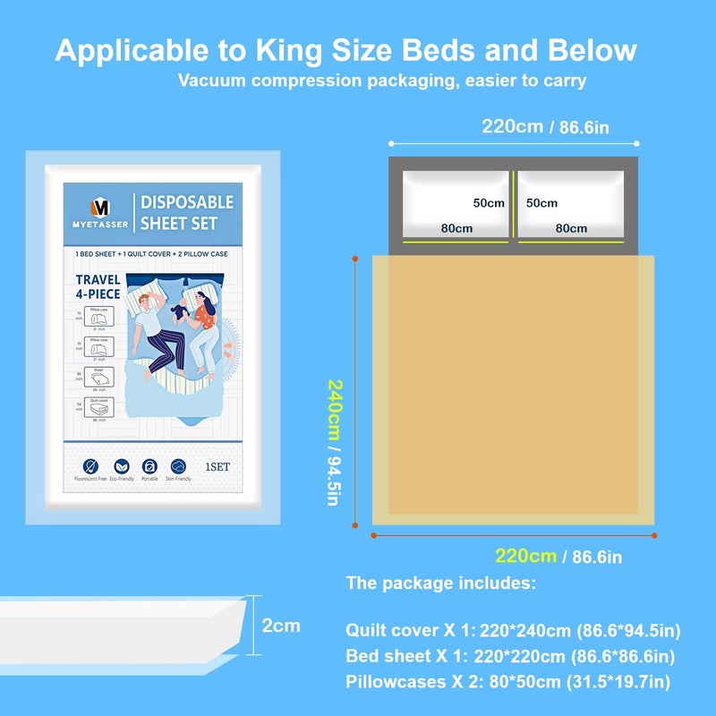 Myetasser Disposable Sheets for Travel KingsizeTravel Cleaning Kit for Hotels with 1 Sheet 1 Quilt Cover and 2 Pillowcase for HotelTravelHome Vistor Reusable - Image 4