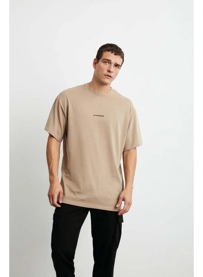 Grimelange Rıver Men's Oversize Fit Front Embroidered 100% Cotton Beige T-shirt.