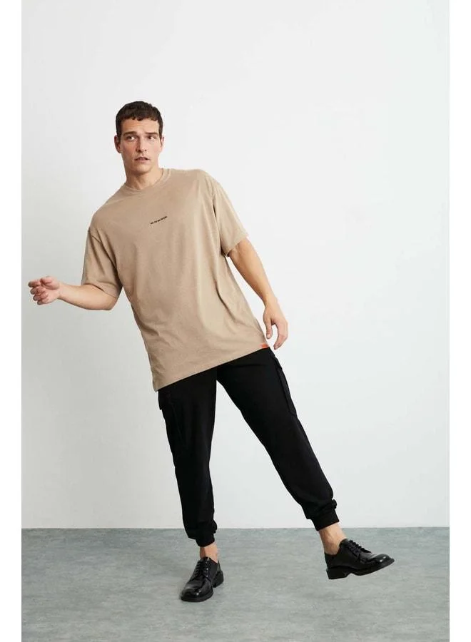 Grimelange Rıver Men's Oversize Fit Front Embroidered 100% Cotton Beige T-shirt.