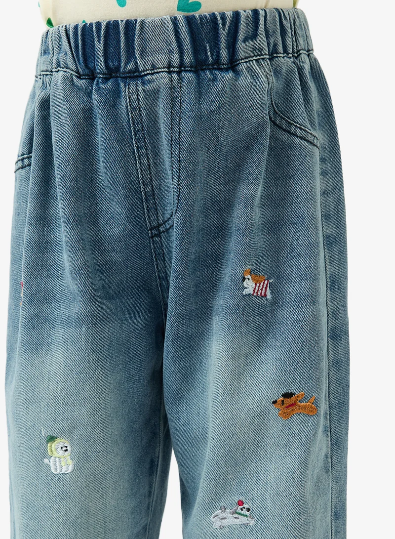 Pinata  Cute Dogs Embroidered Mid Blue Jeans for Women | Best Price UAE