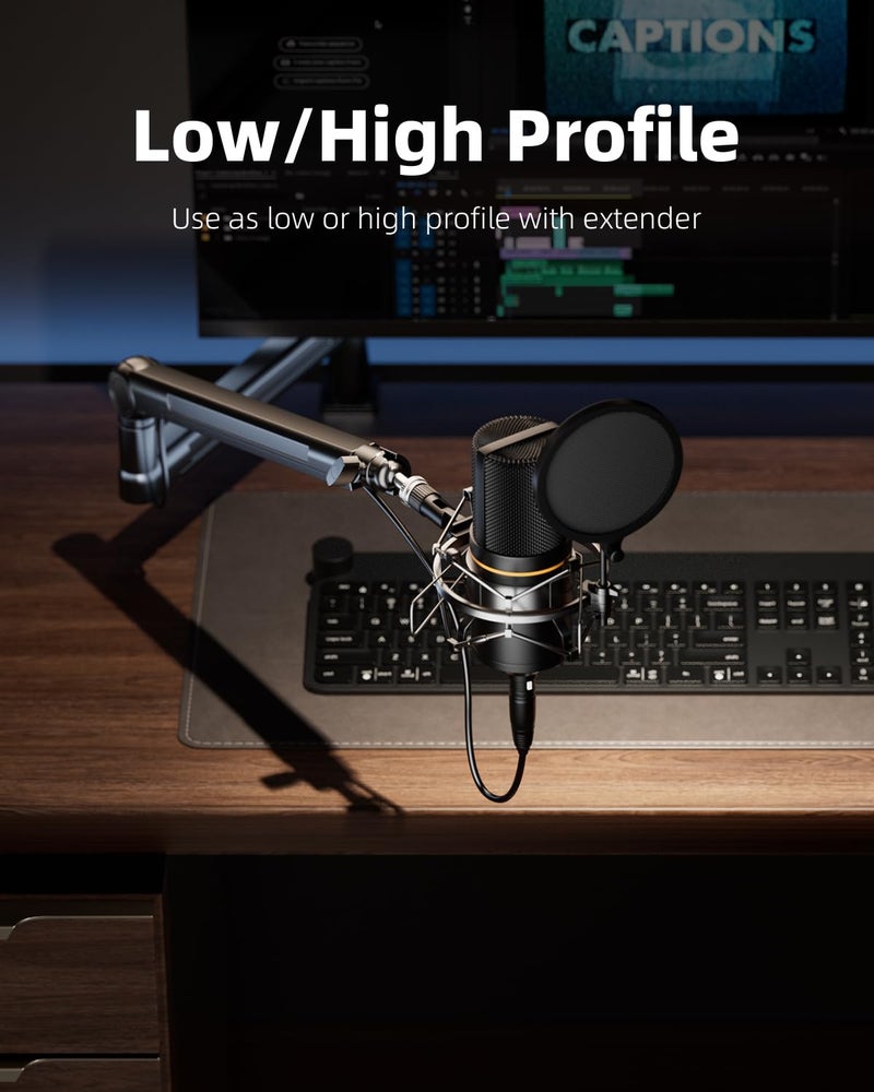 TODI Mic Stand Desk, Low/High Profile Mic Arm Bear 4.5LBS with Extension Riser, Adjustable All Metal Desk Microphone Stand with Cable Channel, Boom Arm Mic Stand with 3/8'' 5/8'' Interface - Image 2