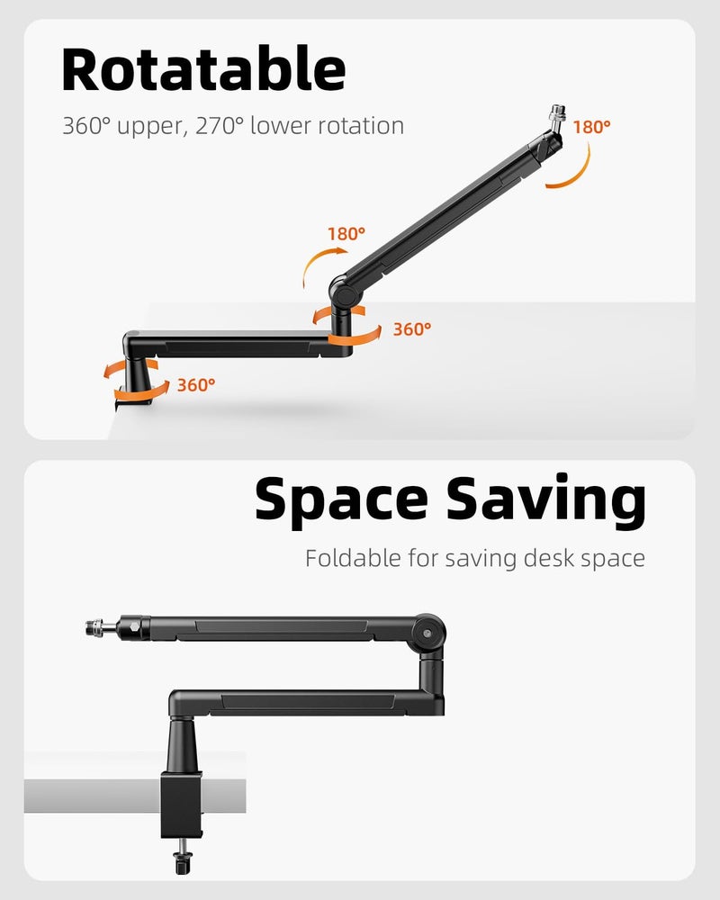 TODI Mic Stand Desk, Low/High Profile Mic Arm Bear 4.5LBS with Extension Riser, Adjustable All Metal Desk Microphone Stand with Cable Channel, Boom Arm Mic Stand with 3/8'' 5/8'' Interface - Image 3