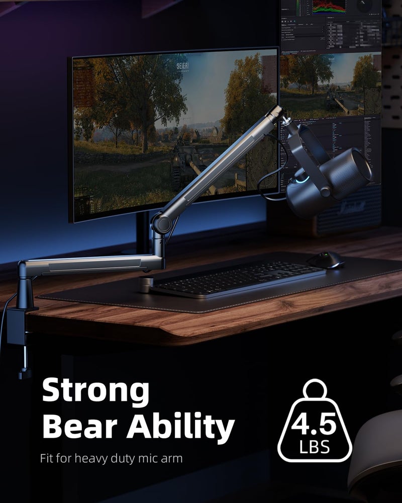 TODI Mic Stand Desk, Low/High Profile Mic Arm Bear 4.5LBS with Extension Riser, Adjustable All Metal Desk Microphone Stand with Cable Channel, Boom Arm Mic Stand with 3/8'' 5/8'' Interface - Image 4