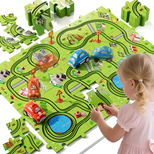 BLmukce 48Piece Puzzle Race Car Track Set for Toddlers 13 CityThemed Tracks 2 Cars Road Signs Puzzle Car Tracks Toddler Toy Gifts for 2 3 4 5 6 Year Old Boys Girls - Image 1