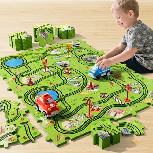 BLmukce 48Piece Puzzle Race Car Track Set for Toddlers 13 CityThemed Tracks 2 Cars Road Signs Puzzle Car Tracks Toddler Toy Gifts for 2 3 4 5 6 Year Old Boys Girls - Image 5