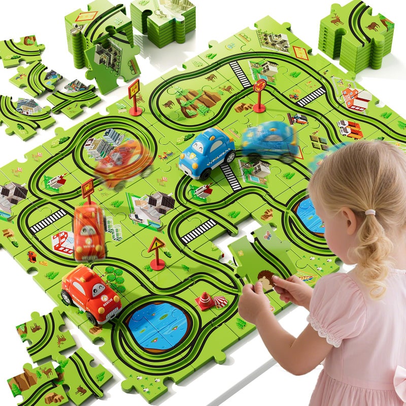 BLmukce 48Piece Puzzle Race Car Track Set for Toddlers 13 CityThemed Tracks 2 Cars Road Signs Puzzle Car Tracks Toddler Toy Gifts for 2 3 4 5 6 Year Old Boys Girls - Image 3