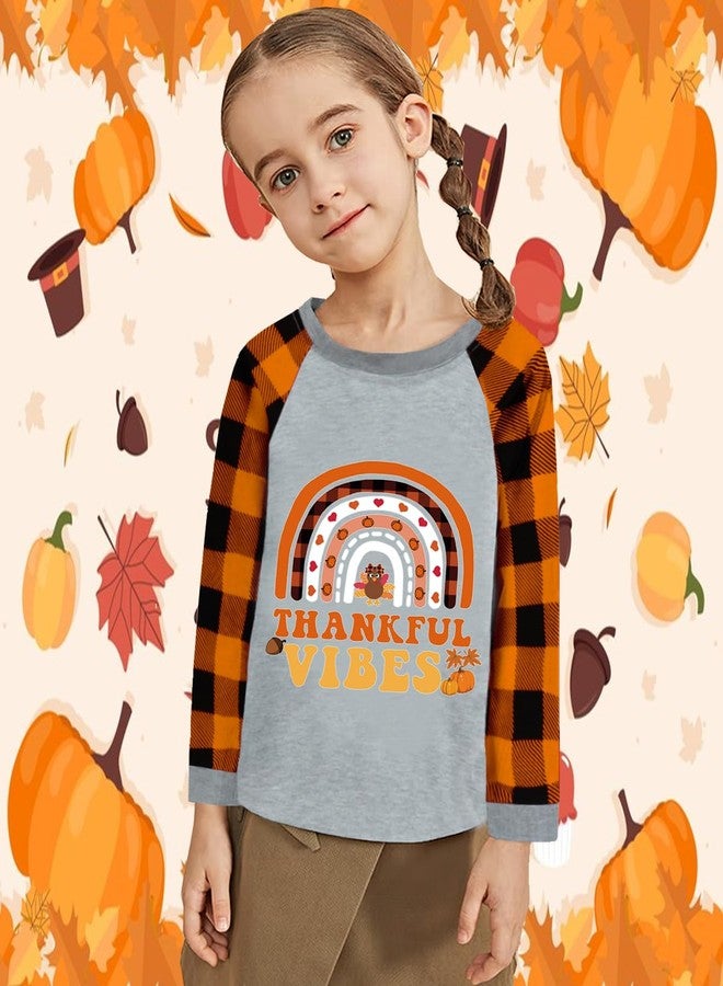 CM-Kid Rainbow Thankful Vibes Turkey Tshirt for Girl Thanksgiving Clothes Cotton Shirt Tops Kids Girl Raglan Orange Buffalo Plaid Long Sleeve Clothes Orange 5T - Image 4