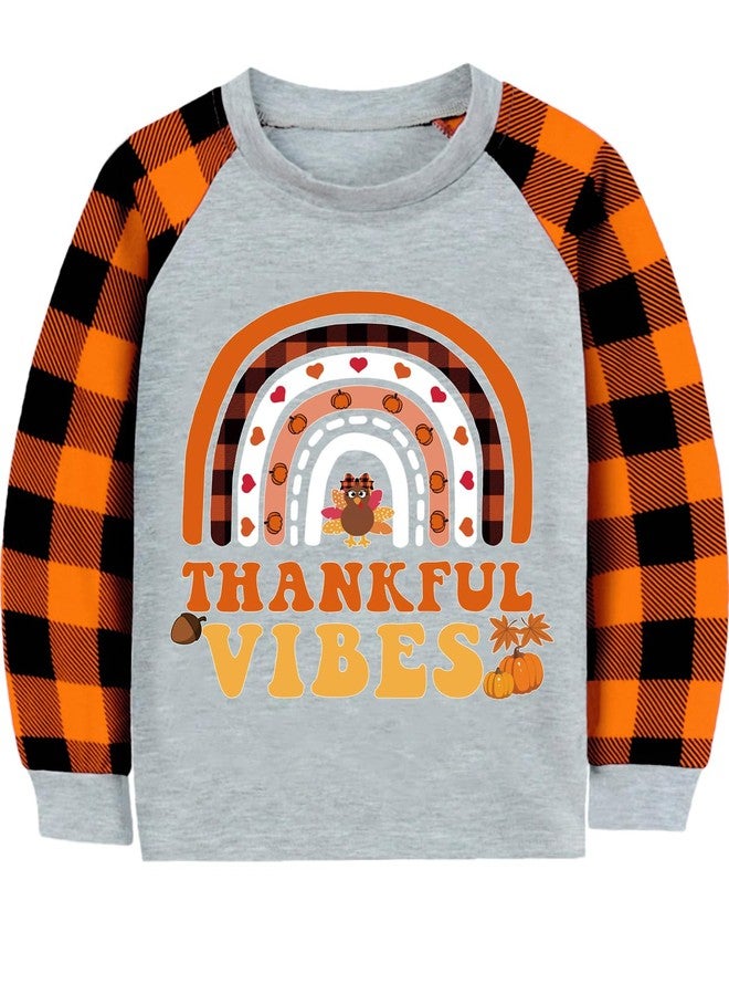 CM-Kid Rainbow Thankful Vibes Turkey Tshirt for Girl Thanksgiving Clothes Cotton Shirt Tops Kids Girl Raglan Orange Buffalo Plaid Long Sleeve Clothes Orange 5T - Image 1