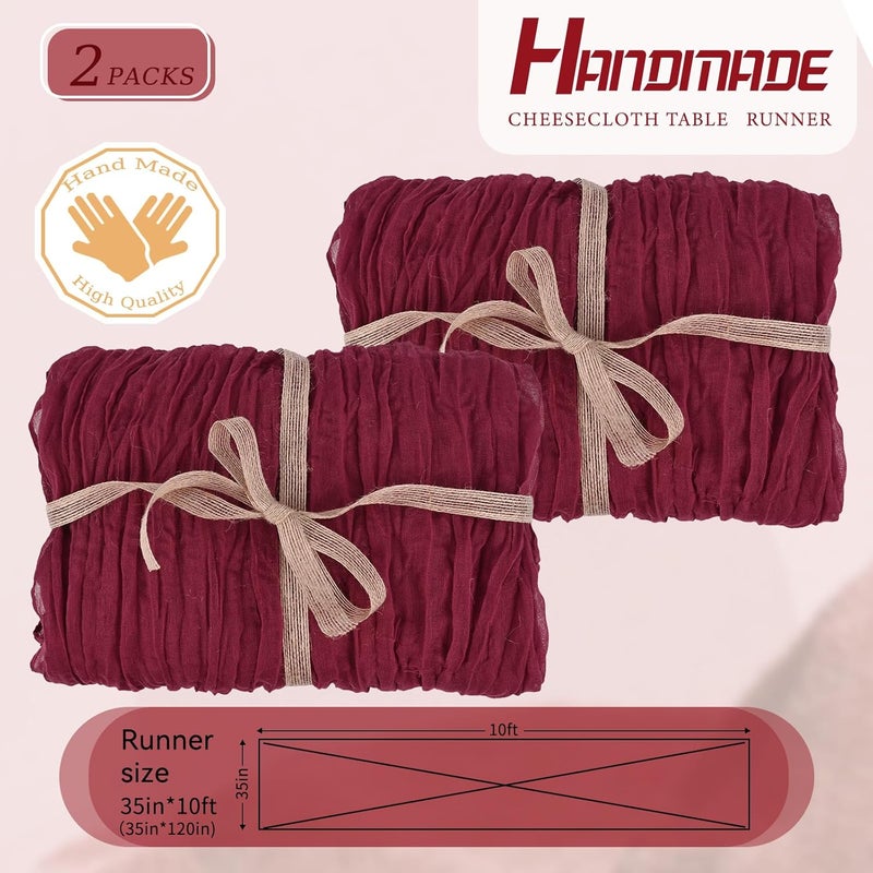 YMHPRIDE 2 Pieces Burgundy Red Wine Table Runner 90 cm x 300 cm Gauze Boho Table Runner for Wedding Bachelorette Baby Shower Birthday Party Decorations - Image 2