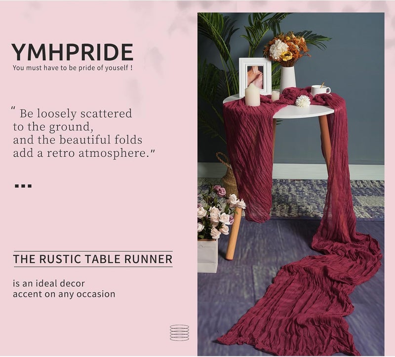 YMHPRIDE 2 Pieces Burgundy Red Wine Table Runner 90 cm x 300 cm Gauze Boho Table Runner for Wedding Bachelorette Baby Shower Birthday Party Decorations - Image 4