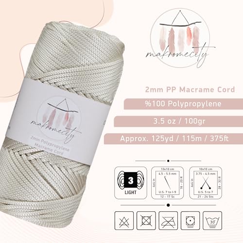 Makromecity, Polyester Macrame Cord 2mm x 125 Yards (375 feet) 2mm Polypropylene Macrame Cord Crochet Macrame Bag Cord Crafts for Wall Hangings, Bags, Underplate, Rug (1, Ecru) - Image 2