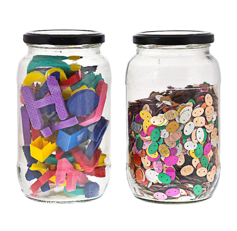 Machak Big Round Glass Jar Containers For Kitchen Storage With Airtight Black Lid, 1kg, Set of 2 - Image 1
