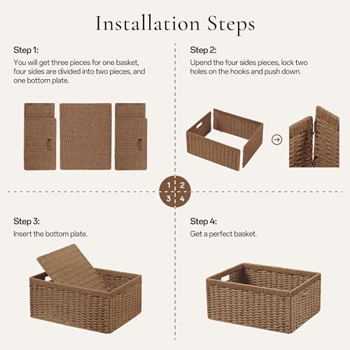 UBBCARE 2 Pack Wicker Basket, 13.4L×8.3H×7.1W inch Woven Paper Rope Storage Baskets for shelves, Foldable Rectangular Storage Baskets with Handle, Storage Basket for Organizing, Caramel - Image 5