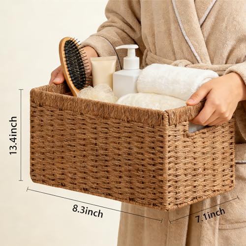 UBBCARE 2 Pack Wicker Basket, 13.4L×8.3H×7.1W inch Woven Paper Rope Storage Baskets for shelves, Foldable Rectangular Storage Baskets with Handle, Storage Basket for Organizing, Caramel - Image 2