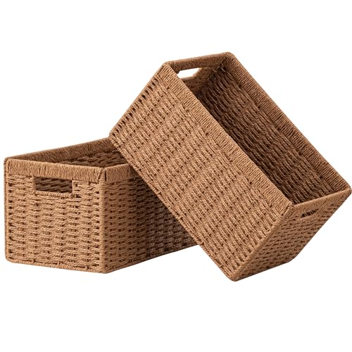 UBBCARE 2 Pack Wicker Basket, 13.4L×8.3H×7.1W inch Woven Paper Rope Storage Baskets for shelves, Foldable Rectangular Storage Baskets with Handle, Storage Basket for Organizing, Caramel - Image 1