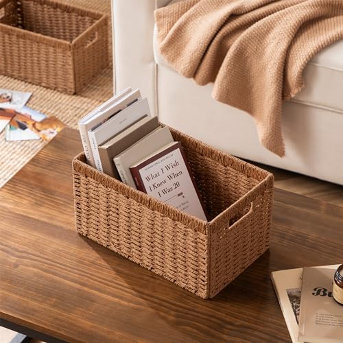 UBBCARE 2 Pack Wicker Basket, 13.4L×8.3H×7.1W inch Woven Paper Rope Storage Baskets for shelves, Foldable Rectangular Storage Baskets with Handle, Storage Basket for Organizing, Caramel - Image 4