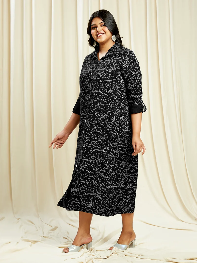 globus Globus Gloplus Women Black Collared Neck Roll-Up Sleeves Floral Print Front & Side Slits Plus Size Midi Shirt Dress