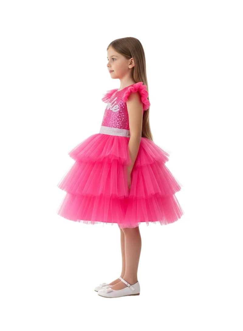 دىدانيالا Pink Tiered Tulle Party Dress with Shimmer Bodice