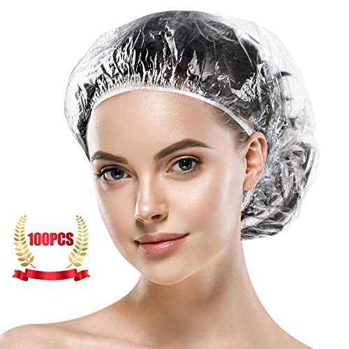 MORGLES 100 Pcs Disposable Shower Caps, Clear Large Shower Caps for Women Disposable, Plastic Hair Caps for Hair Treatment, Spa, Home & Travel Use,19.7" - Image 1
