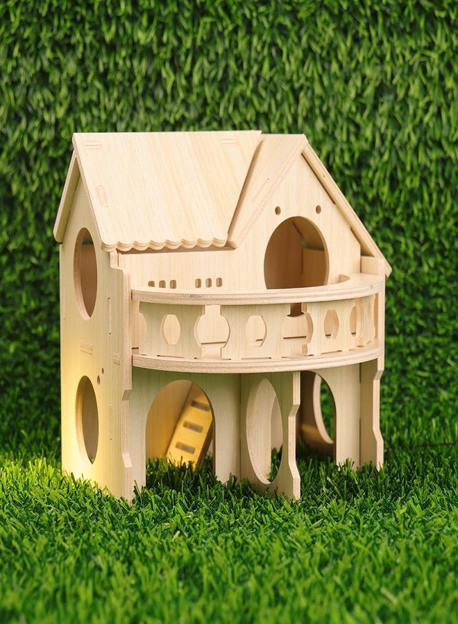 kcrygogo Improved Safety Large Balcony Small & Cute Wooden Hamster House with Large Balcony - Double-Decker Forest-Style Hut for Dwarf Hamsters, Mice, Gerbils, Rats & Small Pets (Compact Size Only) - Image 2